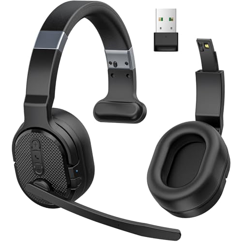 COSMUSIS Trucker Bluetooth Headset with Dongle, Wireless Headsets with Noise Cancelling Microphone, 50+Hrs HD Talktime Bluetooth Headphones with Detachable Earpad/Single+Dual Mode for Office/Driving | Trucker Headset with Noise Cancelling Headphones, Long