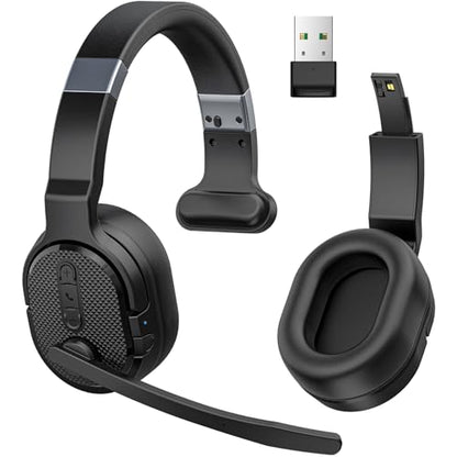 COSMUSIS Trucker Bluetooth Headset with Dongle, Wireless Headsets with Noise Cancelling Microphone, 50+Hrs HD Talktime Bluetooth Headphones with Detachable Earpad/Single+Dual Mode for Office/Driving | Trucker Headset with Noise Cancelling Headphones, Long
