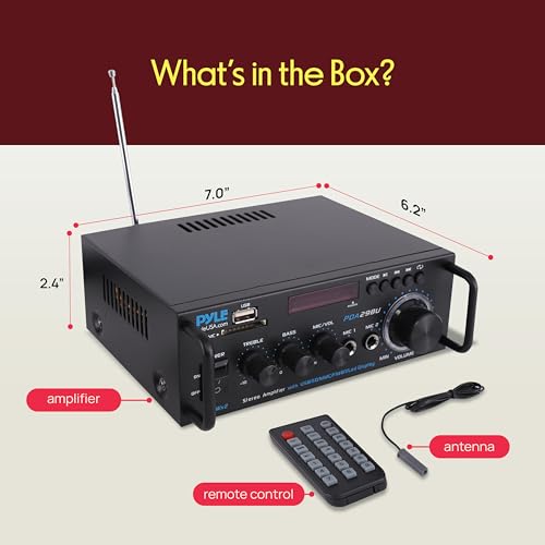 Pyle 200W Bluetooth Compact Power Amplifier - Wireless 2 Channel Audio Receiver with Dual Karaoke Mic Input - RCA - USB-A + SD Card MP3 Player - FM Radio - AUX In - Remote Control - PDA29BU
