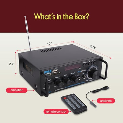 Pyle 200W Bluetooth Compact Power Amplifier - Wireless 2 Channel Audio Receiver with Dual Karaoke Mic Input - RCA - USB-A + SD Card MP3 Player - FM Radio - AUX In - Remote Control - PDA29BU