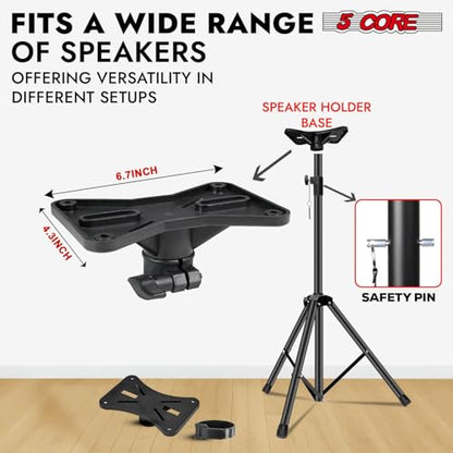 5 Core Speaker Stand Universal Mount Steel Construction 132 Lbs Capcity Stable Tripod w/Adjustable Height 72” w 35mm Compatible Insert Metal Safety Pin Black