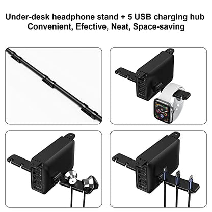 PC Gaming Headphone Headset Holder Hanger Hook, Dual Headphone Stand Under Desk with 5 Ports USB Charging Station, Suitable for Gamer Earphone Accessories as Boyfriend, Son, Husband Gifts