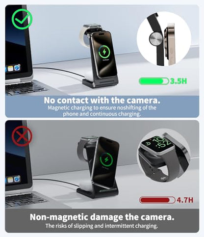 Magnetic Wireless Charging Station, 3 in 1 Fast Max Charging for iPhone 17 16 15 14 13 12 Pro Max Plus, Apple Watch, Air Pods Pro - Space-Saving Multi-Device Stand (Black)