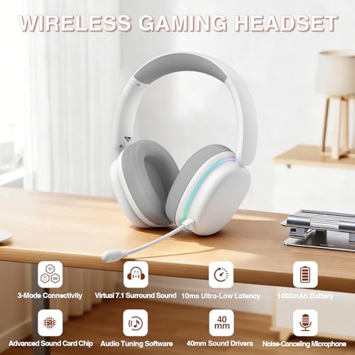 AULA G7 Pro Wireless Gaming Headset with 7.1 Surround Sound, 40mm Driver, BT5.3 Gaming Headphones with Mic, RGB, 10ms Latency, 65H Battery, PC Gaming Headset for PS5,PS4, Switch,PC,Wired Mode for Xbox - color: White