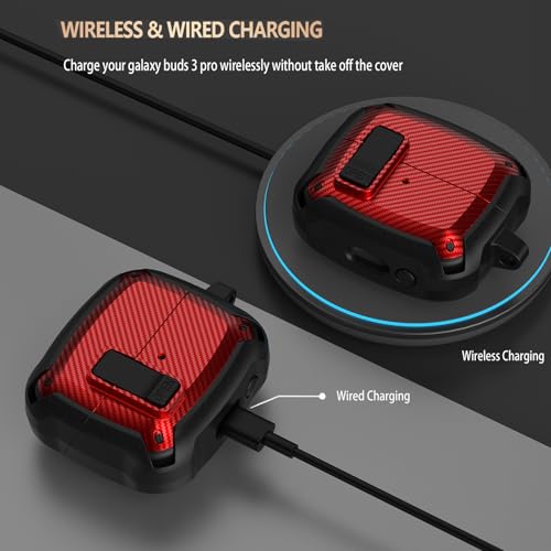 Compatible Samsung Galaxy Buds 3 Pro Case/Bud 3 Cover Clip with Cleaner Kit, Military Shell Protective Armor Case Cover with Lock & Carabiner for Galaxy Buds 3/3 Pro 2024 Men Women Black Red - color: Black-Red