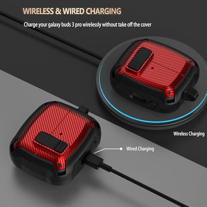 Compatible Samsung Galaxy Buds 3 Pro Case/Bud 3 Cover Clip with Cleaner Kit, Military Shell Protective Armor Case Cover with Lock & Carabiner for Galaxy Buds 3/3 Pro 2024 Men Women Black Red - color: Black-Red