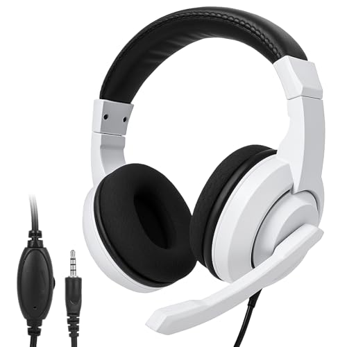 L02 Wired Headset, 3.5mm Stereo Headphones with Noise Canceling Microphone & Volume Controls, On-Ear Computer Headset for School/Office/Online/Gaming (White) - color: White