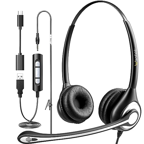 Wantek USB Headset with Mic for PC, On-Ear Computer Laptop Headphones with Noise Cancelling Microphone in-line Control for Home Office Online Class Skype Zoom - color: Dark Black