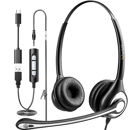 Wantek USB Headset with Mic for PC, On-Ear Computer Laptop Headphones with Noise Cancelling Microphone in-line Control for Home Office Online Class Skype Zoom - color: Dark Black