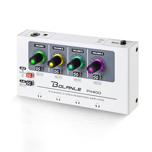 Bolanle PH400 4-Channel Headphone Amplifier 8-Output 3.5mm 6.35mm 250Ω | Drives up to 250Ω Headphones for Studio, Band, Home Recording - size: PH400