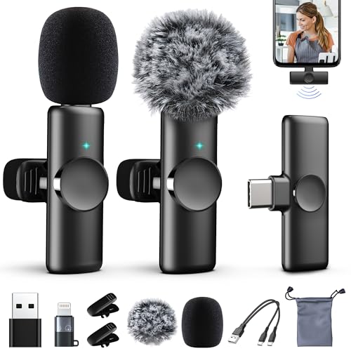 2 Packs Wireless Lavalier Microphone for iPhone 15/iPad/Android/Phone/PC/Laptop, Plug-Play Mini Mic with Noise Reduction, Lapel USB C Microphone for Video Recording, Interview, Vlogging