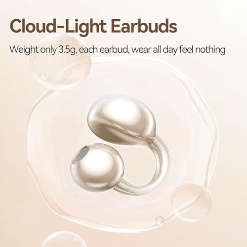Clip on Earbuds for Small Ears & Glasses, Open Ear Bluetooth 5.4 Headphones with 40H Playtime & Digital Display, Sweatproof - color: Beige