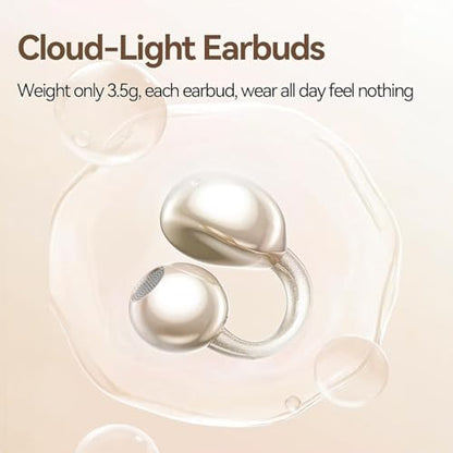Clip on Earbuds for Small Ears & Glasses, Open Ear Bluetooth 5.4 Headphones with 40H Playtime & Digital Display, Sweatproof - color: Beige