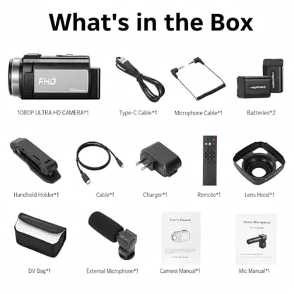 Video Camera Camcorder Full HD 1080P 36MP 16x Zoom for YouTube | Vlog camera with 270° rotatable screen, stereo microphone, dual battery included.
