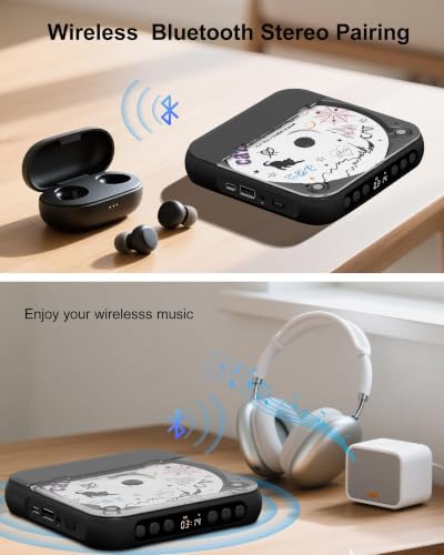 ENVYCLOUD CD Player Portable with Dual Stereo Speakers, Rechargeable Portable CD Player with Bluetooth for Home with Headphones,Black - color: black