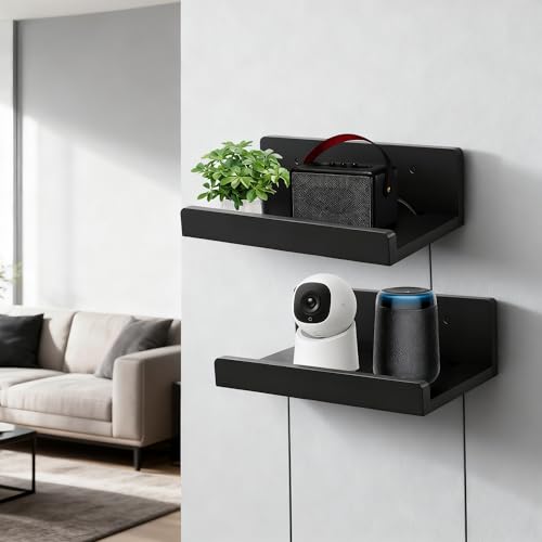 Floating Wall Shelves Set of 2, 12-Inch Solid Wood Shelves with Cable Holes, Small Display Shelf for Router, Webcam, Smart Speaker, Camera – Black - color: Black, size: 12 Inch-2 Pcs