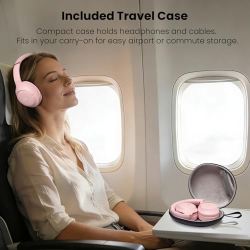 TOZO HT3 Hybrid Noise Cancelling Wireless Headphones, 90H Over Ear Headset | Hi Res Audio, AI Voice Assistant, Dual Device Connection, 32 Custom EQs, Built In 5 Mics, ANC, Foldable with Case - color: Pink
