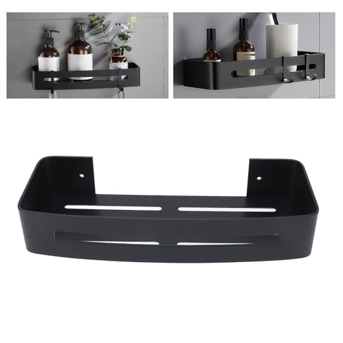 Bathroom Floating Shelf Wall Mount Bathroom Shelf Shower Bath Rack Single Layer Space Aluminum Bathroom Floating Wall Shelves with Hooks (Black)