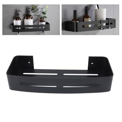 Bathroom Floating Shelf Wall Mount Bathroom Shelf Shower Bath Rack Single Layer Space Aluminum Bathroom Floating Wall Shelves with Hooks (Black)