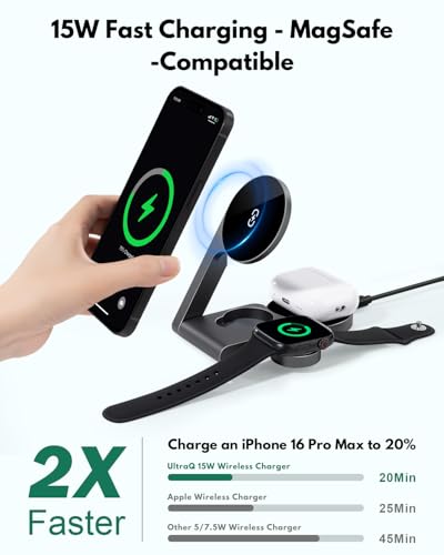 𝟐𝟎𝟐𝟔 3 in 1 Wireless Charging Station Mag-Safe Fast Charging Station for Apple MagSafe Charger, with USB C Charger, Foldable Charging Magnetic Wireless Charger Stand, Space Aluminum Travel Charger - color: Luxury Black
