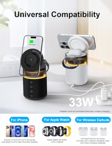 5-in-1 Magnetic Wireless Charging Station for Apple Device, Portable Bluetooth Speaker with Adjustable Night Light, 33W Fast Charger Stand for iPhone 17/16/15/14/13 Pro Max, Apple Watch, AirPods - color: Black