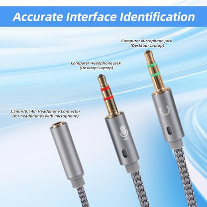2pcs 2-in-1 Headphone & Microphone Splitter Cable, 3.5mm/0.14in Female to Dual 3.5mm/0.14in Male Audio Adapter Y-Splitter for Gaming Headset PC Laptop Computer Speaker (Gray)