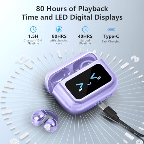 Open Ear Bone conduction Headphones Bluetooth 5.4 Wireless Clip On Earbuds with Digital Display Charging Case 40 Hours Playtime Sport Earphones Built-in Mic IPX7 Waterproof for Running Fitness Purple - color: Purple