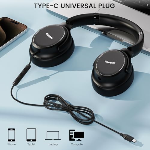 USB C Wired Over-Ear Headphones with Microphone | Volume Control, Share Port, Adjustable Headband Foldable Stereo Headset for Adult/Teens for iPhone 16, Laptop, Gaming, Travel - color: New Black