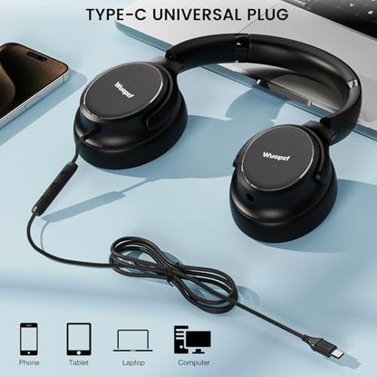 USB C Wired Over-Ear Headphones with Microphone | Volume Control, Share Port, Adjustable Headband Foldable Stereo Headset for Adult/Teens for iPhone 16, Laptop, Gaming, Travel - color: New Black
