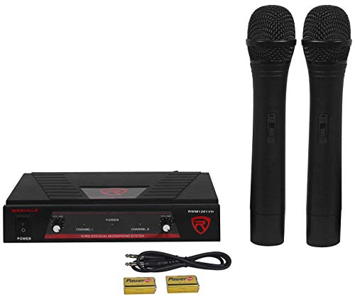 Rockville RWM1201VH VHF Wireless Handheld Microphone Mic System | Includes 2 Mics with Receiver, 1/4" Output, 200ft Indoor Range, Dual Filter, Auto Sync