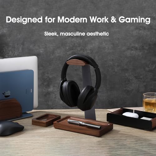 Walnut Headphone Stand, Wood Headset Holder with Storage for Desk - color: Grey