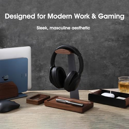 Walnut Headphone Stand, Wood Headset Holder with Storage for Desk - color: Grey