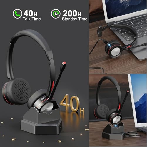 Bluetooth Headset with Microphone & Mute Button, 40H Working Time, Noise Canceling Wireless Headset with USB Adapter for PC Work Office Laptop Teams Conference Meeting Call Center - color: BNG890DBT