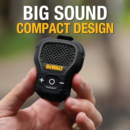 DEWALT Wearable Bluetooth Speaker [Onyx Edition - Black] Clip-On Wireless | Jobsite Pro Water-Resistant Portable Speaker (Non- Magnetic), Mic for Hands-Free Music/Calls, Mini Speakers Bluetooth - color: Black