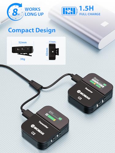 Moman C2 Wireless Lavalier Microphone, 2.4GHz Wireless Lapel Microphone System with Transmitter & 1 Receiver for DSLR Camera Phone Laptop Tablet Camcorder Vlogging Streaming Video(C2 Solo) - size: C2