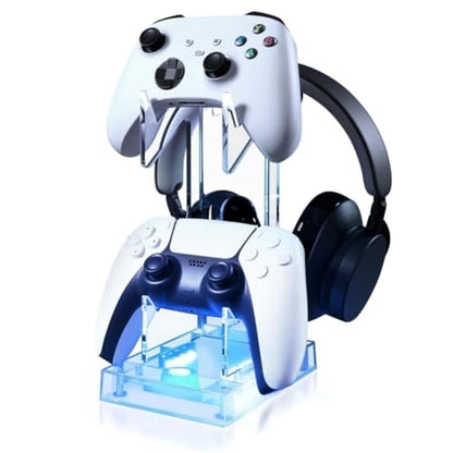 Hzxkqmil Controller Holder Headset Stand for PS5/PS4/Xbox One/Switch Pro | 2 Tier Acrylic Gaming Console Gamepad Stand Accessories Universal for PS Portal/Steam Deck/Switch 2/MSI Claw/Rog Ally