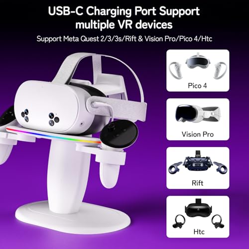 Fast Charging Dock for Meta Oculus Quest 3/3s/2 Headset and Rift/pro/Pico/HTC,RGB Charging Station & Display Stand for Meta Controllers, with USB-C Cable & Charging Port & Tidy VR Accessories