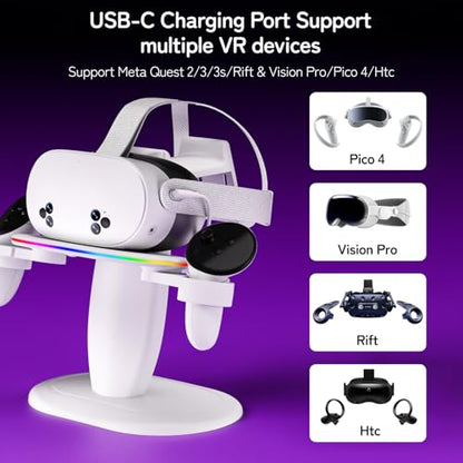 Fast Charging Dock for Meta Oculus Quest 3/3s/2 Headset and Rift/pro/Pico/HTC,RGB Charging Station & Display Stand for Meta Controllers, with USB-C Cable & Charging Port & Tidy VR Accessories