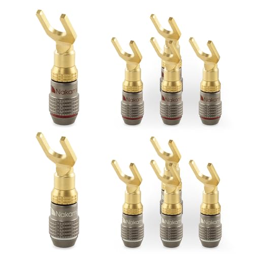 Nakamichi FanLock 24k Gold Plated Spade Y Connector Banana Plugs, 10-18 AWG | Excel Series, Gauge Size 4mm for Speakers Amplifier Hi-Fi Stereo Radio AV Audio Wire Cable Quick Connector, 10 Pcs (5-Pairs) - size: 10 Pcs (5-Pairs)