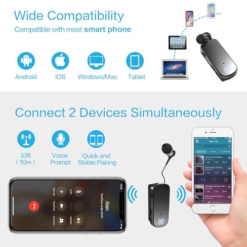 Retractable Wireless Headset Headphone Stereo Earphone V5.0 Noise Cancelling Mic Clip on Earpiece Comfortable HandsFree Headset 20Hrs Talking Time Sports Business Trucker Driver Earbud - color: Black