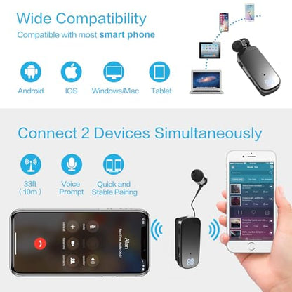 Retractable Wireless Headset Headphone Stereo Earphone V5.0 Noise Cancelling Mic Clip on Earpiece Comfortable HandsFree Headset 20Hrs Talking Time Sports Business Trucker Driver Earbud - color: Black