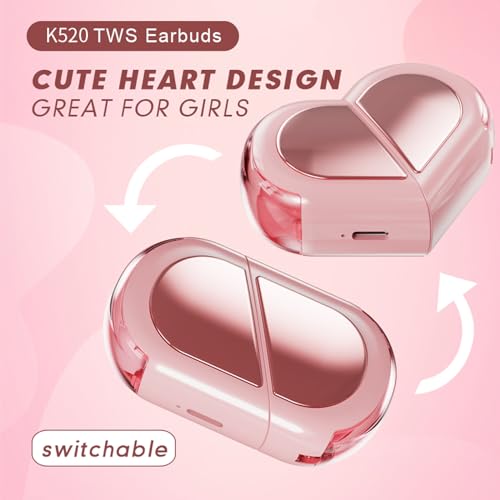 Xmenha Pink Heart Wireless Earbuds for Girls Kids, Cute Small Mini Tiny Invisible Earbuds Wireless Bluetooth for Small Ears Canals Women Rose Gold Kawai Blue Tooth Ear Buds for iPhone Android - color: Pink