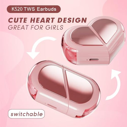 Xmenha Pink Heart Wireless Earbuds for Girls Kids, Cute Small Mini Tiny Invisible Earbuds Wireless Bluetooth for Small Ears Canals Women Rose Gold Kawai Blue Tooth Ear Buds for iPhone Android - color: Pink