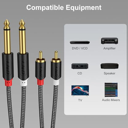 J&D RCA to 1/4" Stereo Audio Interconnect Cable, 20 Feet | Dual 1/4 inch TS to 2RCA Cable with Nylon Braided Jacket, Gold-Plated Plugs and Dual Shielding for Mixers, Amps and Hi-Fi - size: 20 Feet