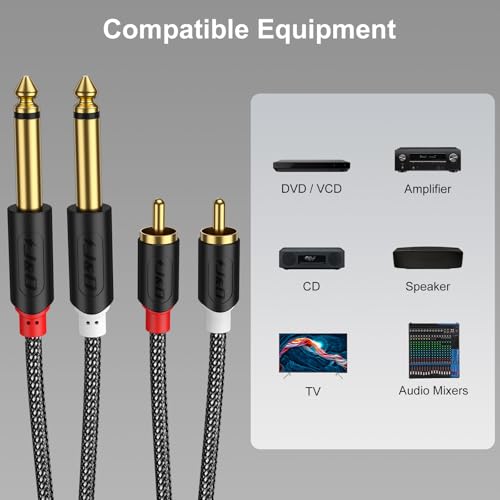 J&D RCA to 1/4" Stereo Audio Interconnect Cable, 15 Feet | Dual 1/4 inch TS to 2RCA Cable with Nylon Braided Jacket, Gold-Plated Plugs and Dual Shielding for Mixers, Amps and Hi-Fi - size: 15 Feet