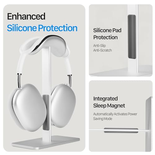 Headphone Stand for AirPods Max 2 & 1 Auto Sleep Mode, Silver | Aluminum Pole & Stable Base, Anti-Scratch ABS Headset Holder, Anti-Scratch Touch Surface, Universal Compatibility - color: Sliver