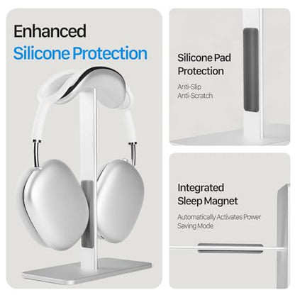 Headphone Stand for AirPods Max 2 & 1 Auto Sleep Mode, Silver | Aluminum Pole & Stable Base, Anti-Scratch ABS Headset Holder, Anti-Scratch Touch Surface, Universal Compatibility - color: Sliver