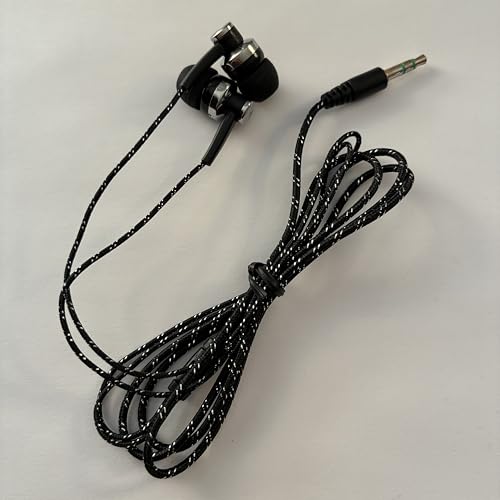 Black in-Ear Earbuds Stereo Tangle Free Braided Cable Cord Quality Sound High Bass Silicone Tips for iPod Zune MP3 Player 3.5mm Jack