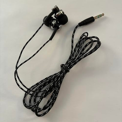 Black in-Ear Earbuds Stereo Tangle Free Braided Cable Cord Quality Sound High Bass Silicone Tips for iPod Zune MP3 Player 3.5mm Jack