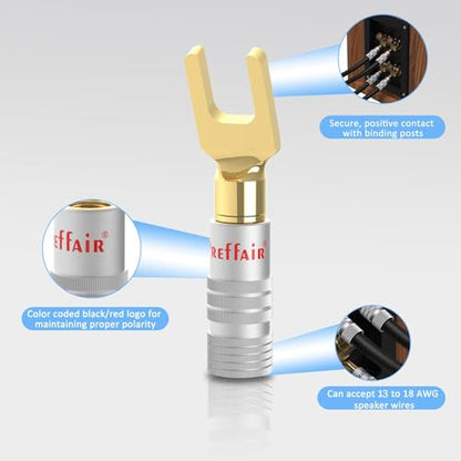 Preffair 24K Gold Plated Y Spade Plug Double Screw Welding-Free 13-18 AWG Gauge Size 4mm Speakers Amplifier Hi-Fi AV Stereo Home Theatre Audio Wire Cable Connector, 4 Pcs/2Pairs